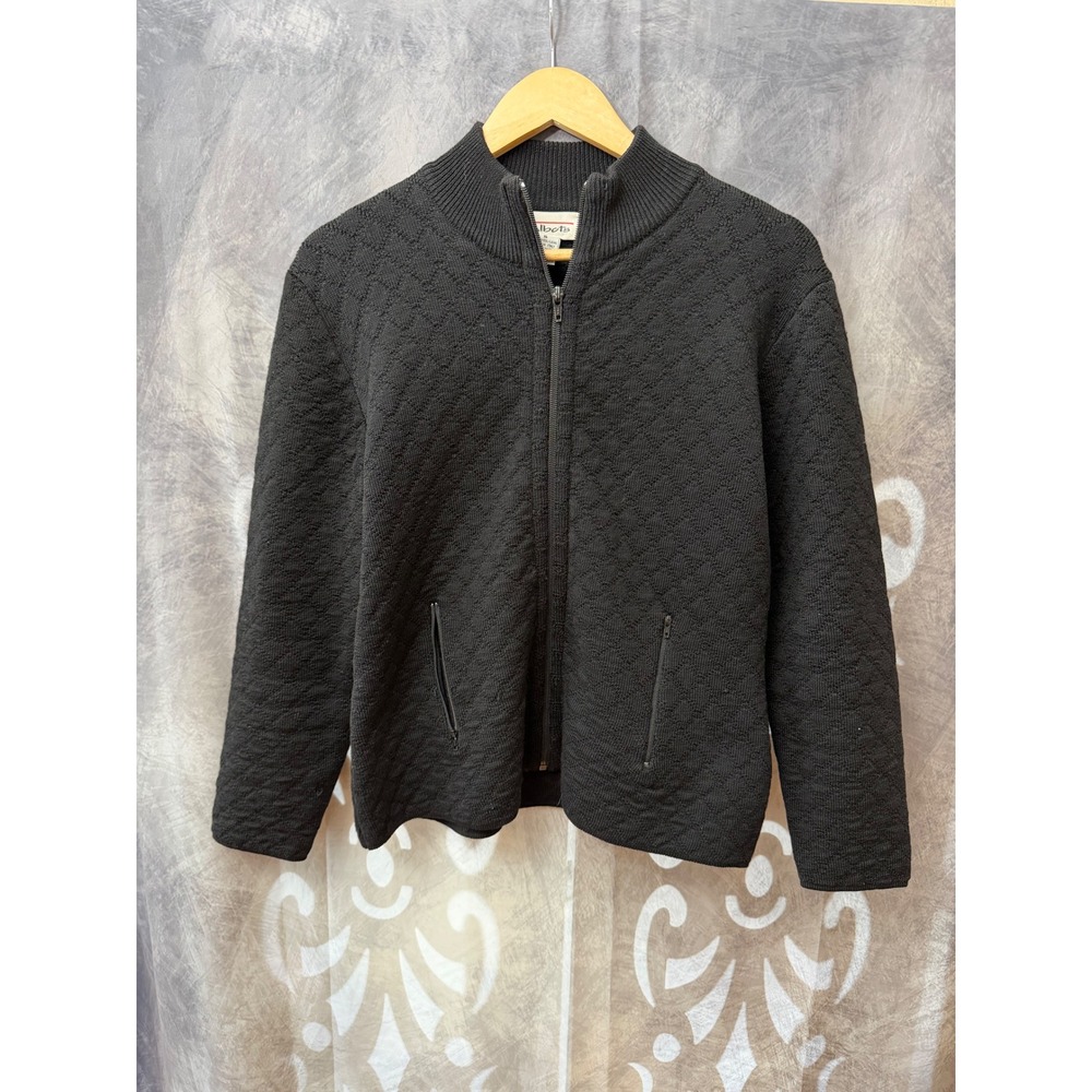 Talbots 100% Wool Full Zip Cardigan Sweater Italy Black Diamond Knit Mock Neck S
